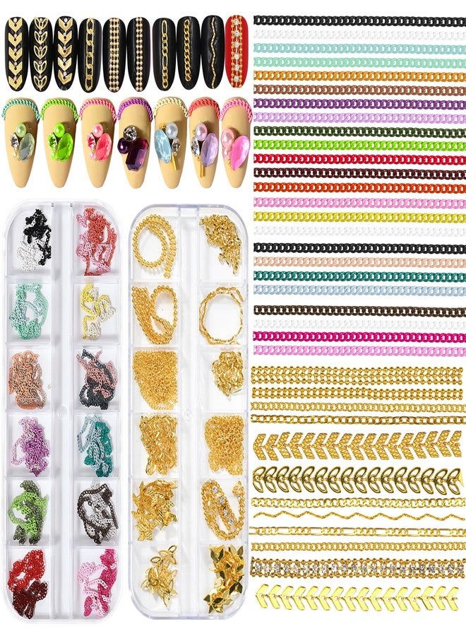 JERCLITY 2 Boxes - 36 Strips Multi-Color and Gold Metal 3D Nail Chains for Nail Art - Punk Nail Charms, Colorful Chains for Nails - Image 1